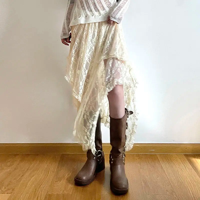 Deeptown Lace Asymmetrical Skirt Fairycore Women Vintage Y2K Boho Aesthetic Fashion High Waist Mid Skirts Lady Holiday Outfits