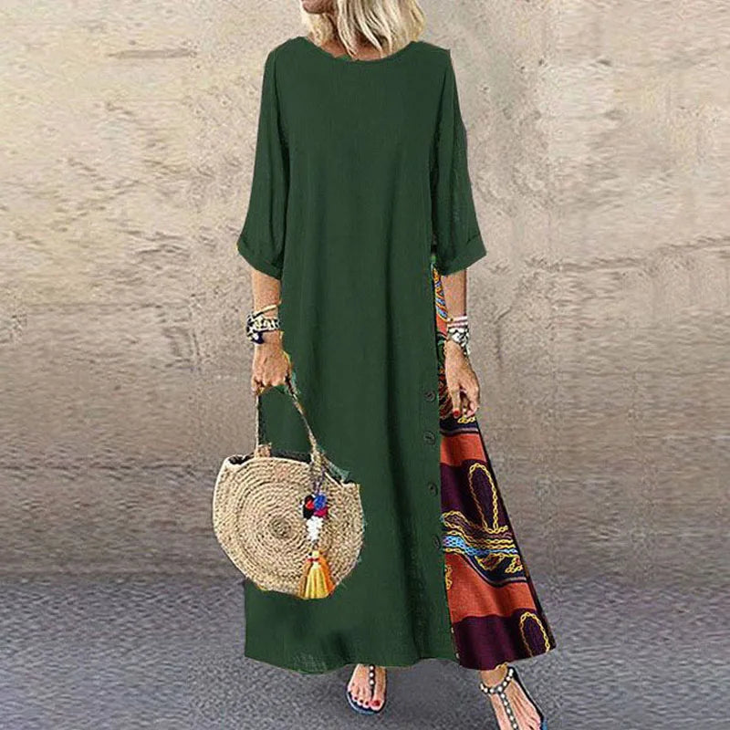 Maxi Dress For Women Elegant Chic Long Dresses Vintage Print Black Red Dress Mid Sleeve Casual O-Neck Streetwear Clothing Ladies