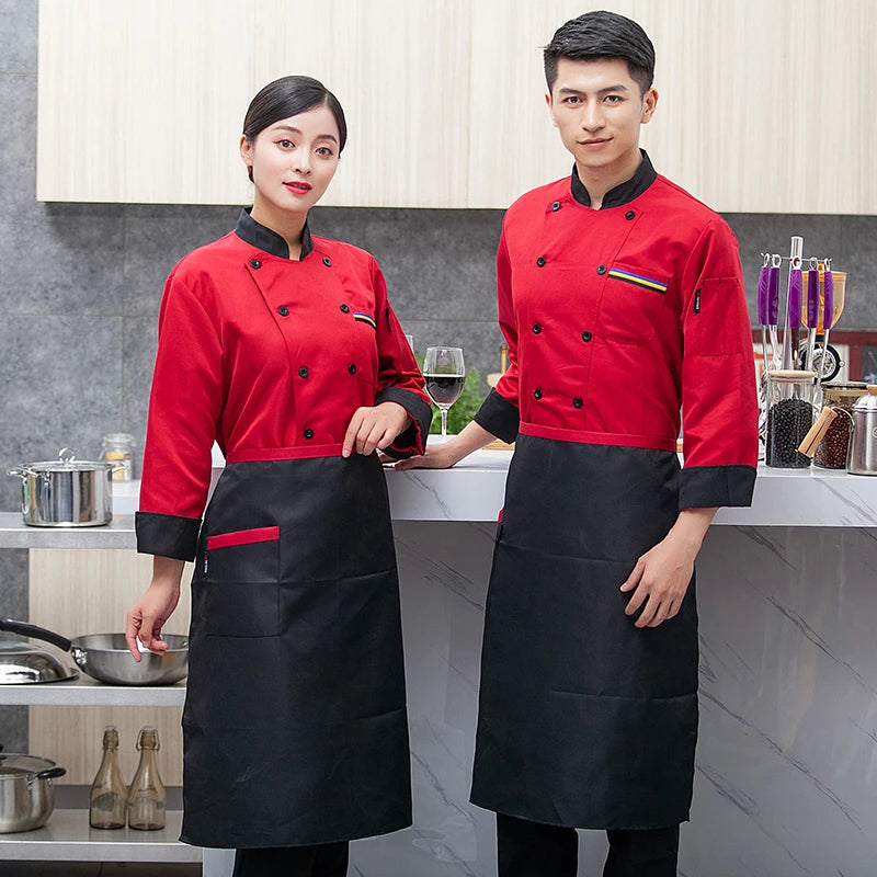 Chef Jacket Men Long Sleeve Shirt Apron Hat Bakery Cook Coat Unisex Kitchen Pastry Clothes Restaurant Waiter Uniform Women Logo