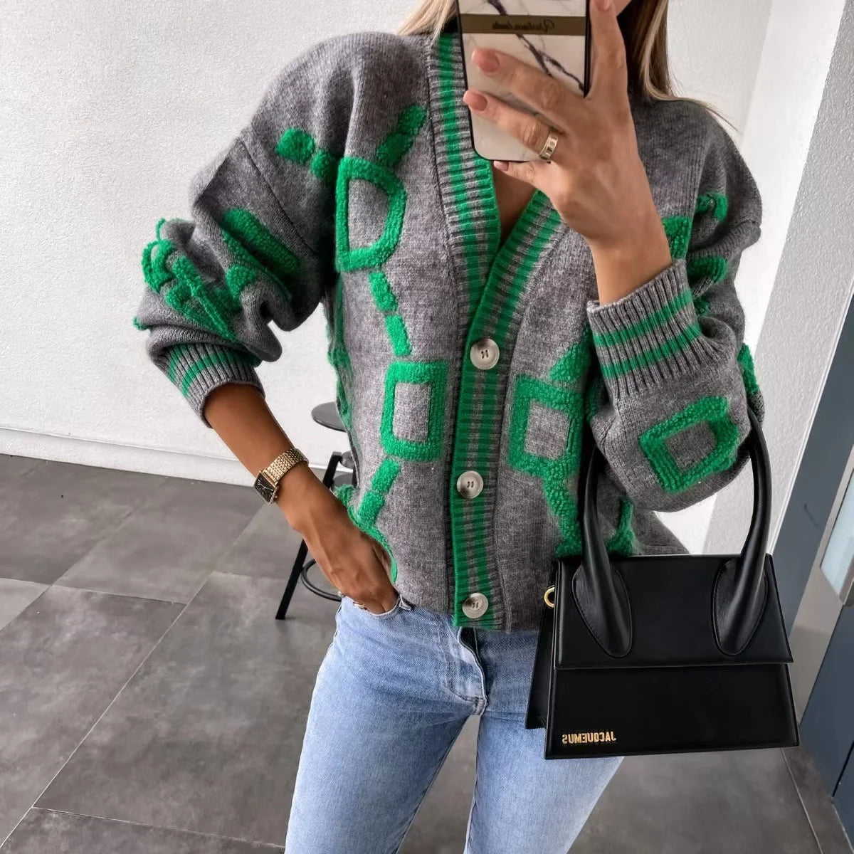 Autumn Winter Knitted Cardigan Fashion Women Long Sleeve Loose V-Neck Sweater Thick Warm Female Green Casual Print Cardigan