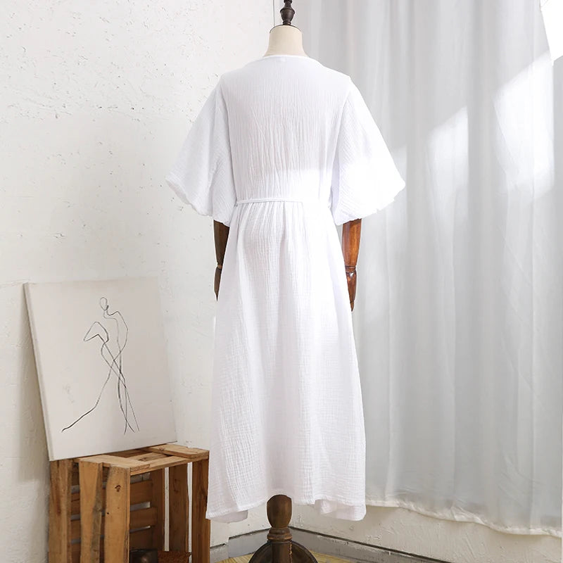 Causal 100% Cotton Women's Dress Vintage Crepe Gauze V-Neck Puff Sleeve Bandage Lace Up Elegant White Dresses Long Maxi Robe