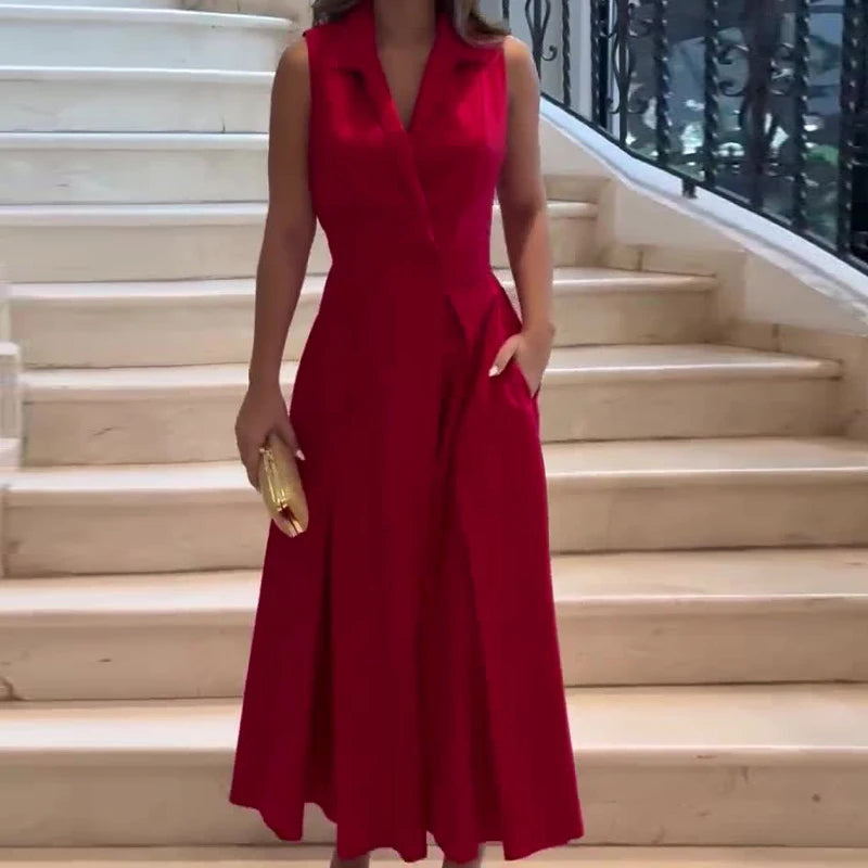 Commuter Lady Solid Button Blazer Dress Spring Turn-down Collar Tunic Long Party Dress Women Summer Sleeveless A-Line Suit Dress