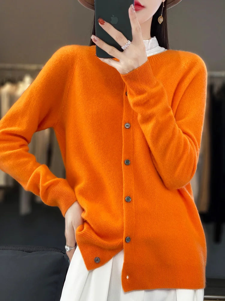 Aliselect Long Sleeve Women Knitwear Cashmere Knit 100% Pure Merino Wool Spring Autume O-Neck Top Cardigan Sweater Clthing Coat