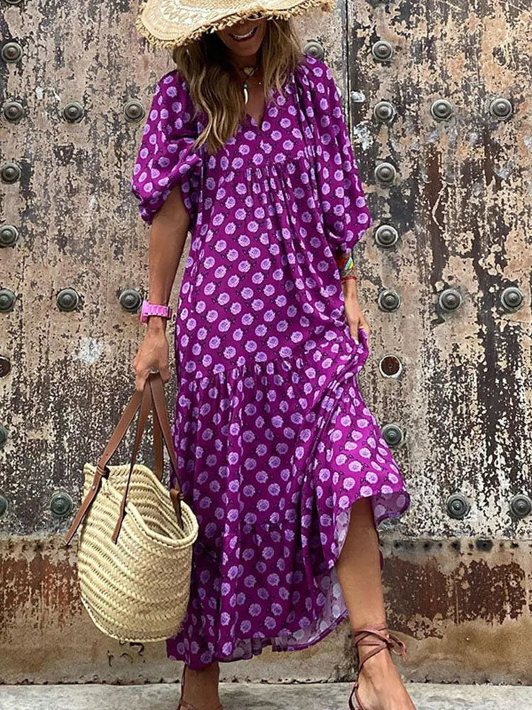 Fashion Women Print Dress Summer Loose Boho Dress Casual Elegant Short Sleeve Beach Party Dresses For Woman Robe Femme New