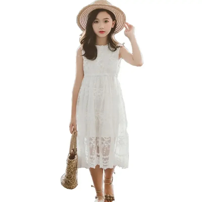 White Lace Dresses for Girls 2024 New Summer Beach Dress Embroidery Children Wedding Holiday Party Kids Clothes Casual Dresses