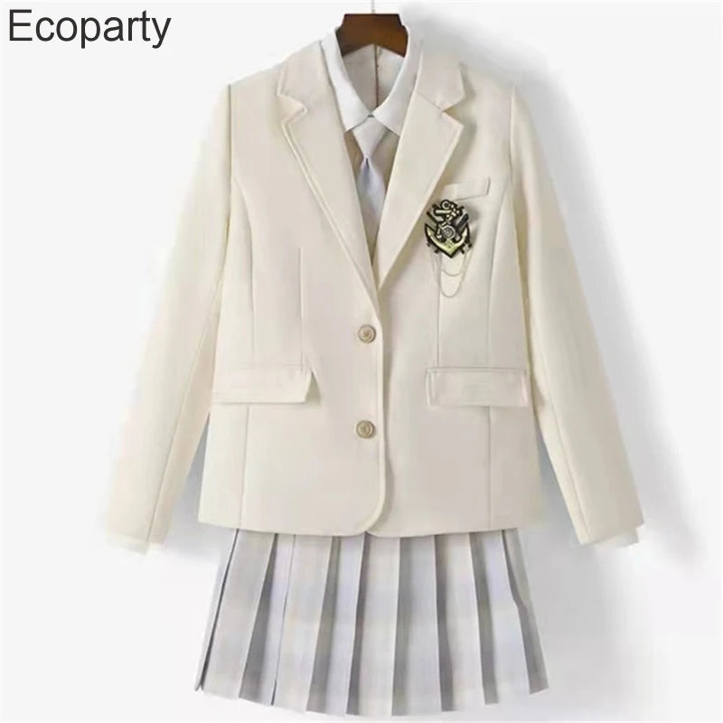 Women's Korean Fashion Jk School Uniform Coat Spring Autumn Black Lapel Long Sleeve Jackets With Badges College Style Costume