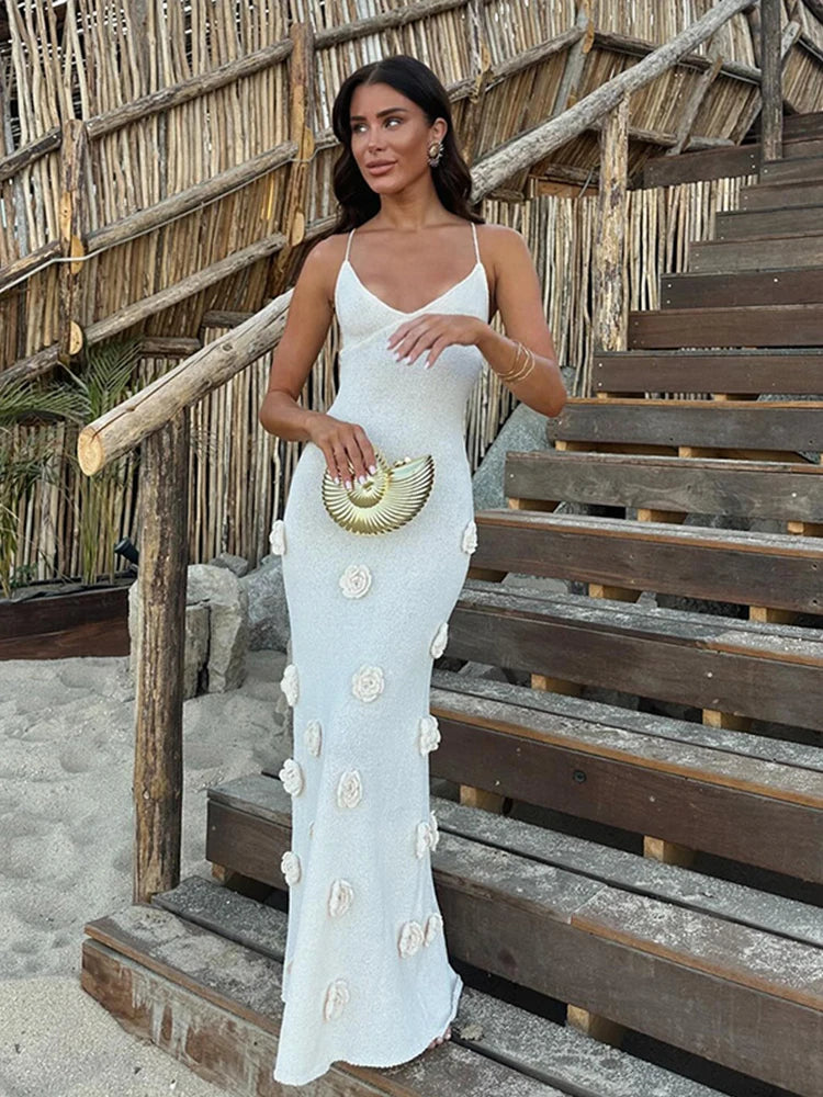 Women Elegant 3d Flower Sling Maxi Dress Knit Fashion V-neck Sleeveless Slim Dresses 2024 New White Lady Chic High Street Robes