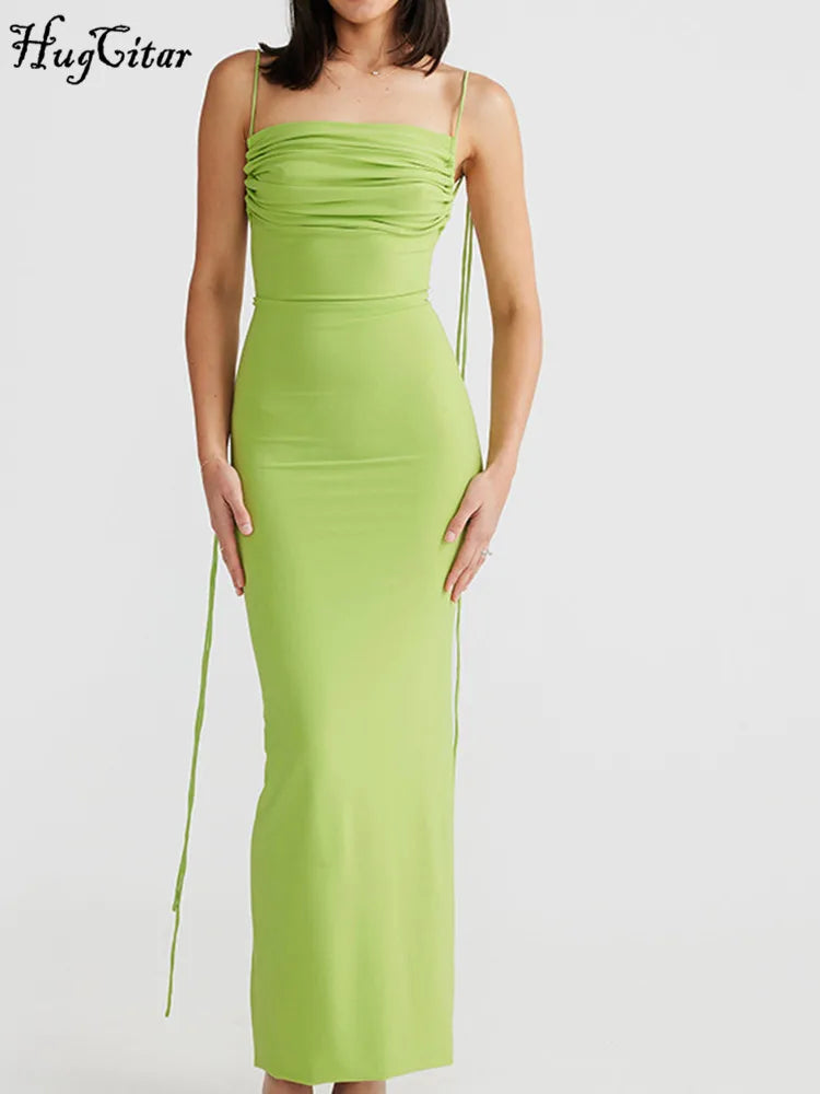 Hugcitar Pure Color Sleeveless Adjustable Slips Slit Lace Up Sexy Slim Maxi Prom Dress 2024 Spring Elegant Outfit Vacation Party