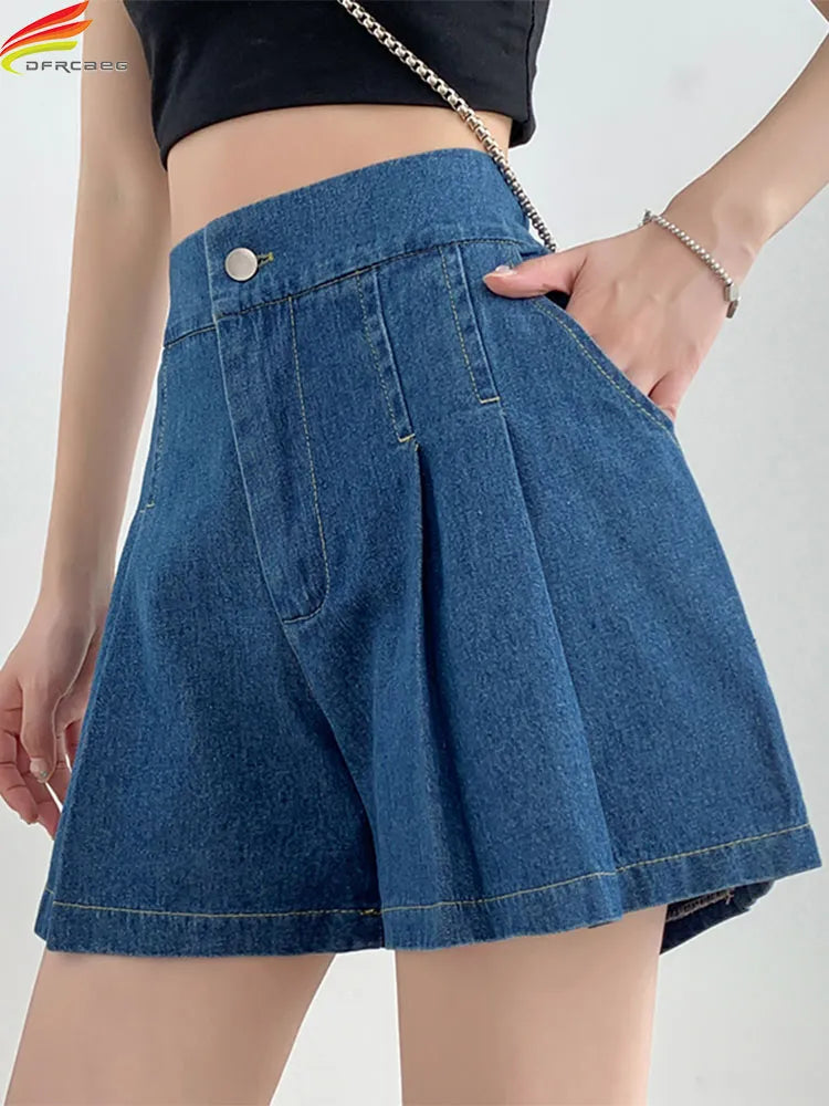 DFRCAEG Summer Plus Size Denim Shorts For Women High Elastic Waist Blue Or Sky Blue Pleated Mini Large Size Short Femme