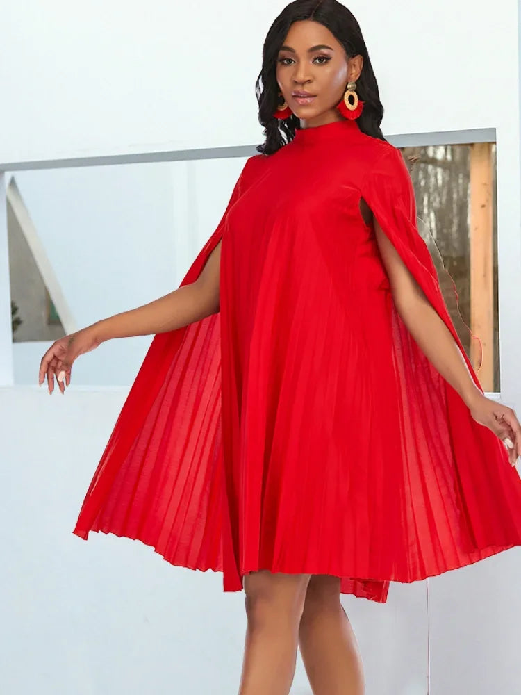 Plus Size Women Oversized Pleat Dress Mock Neck Cloak Sleeve Loose Short Dresses Curve Female Summer Birthday Party Club Wear