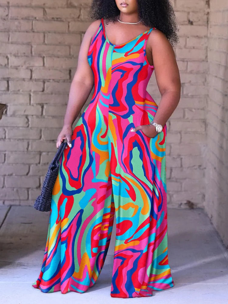 Plus Size Baroque Scarf Print Wide Leg Jumpsuit