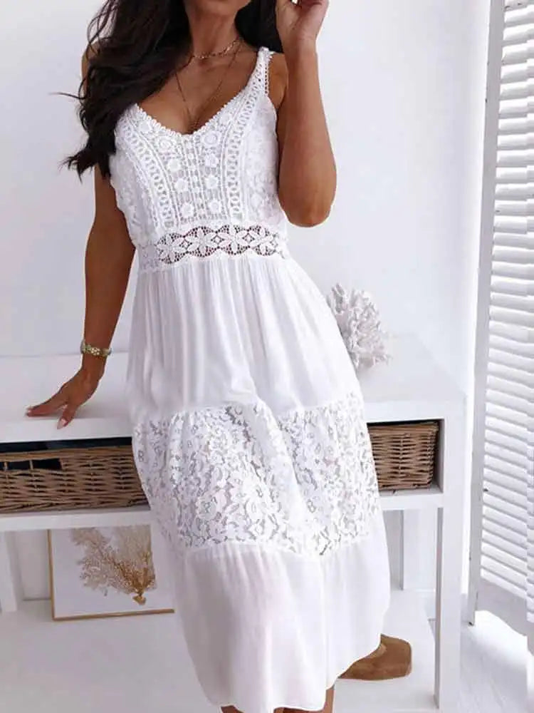 Boho Midi Dress Women Sexy Backless Dress Summer Spaghetti Strap Fashion White Lace Patchwork Casual Beach Sleeveless Dresses