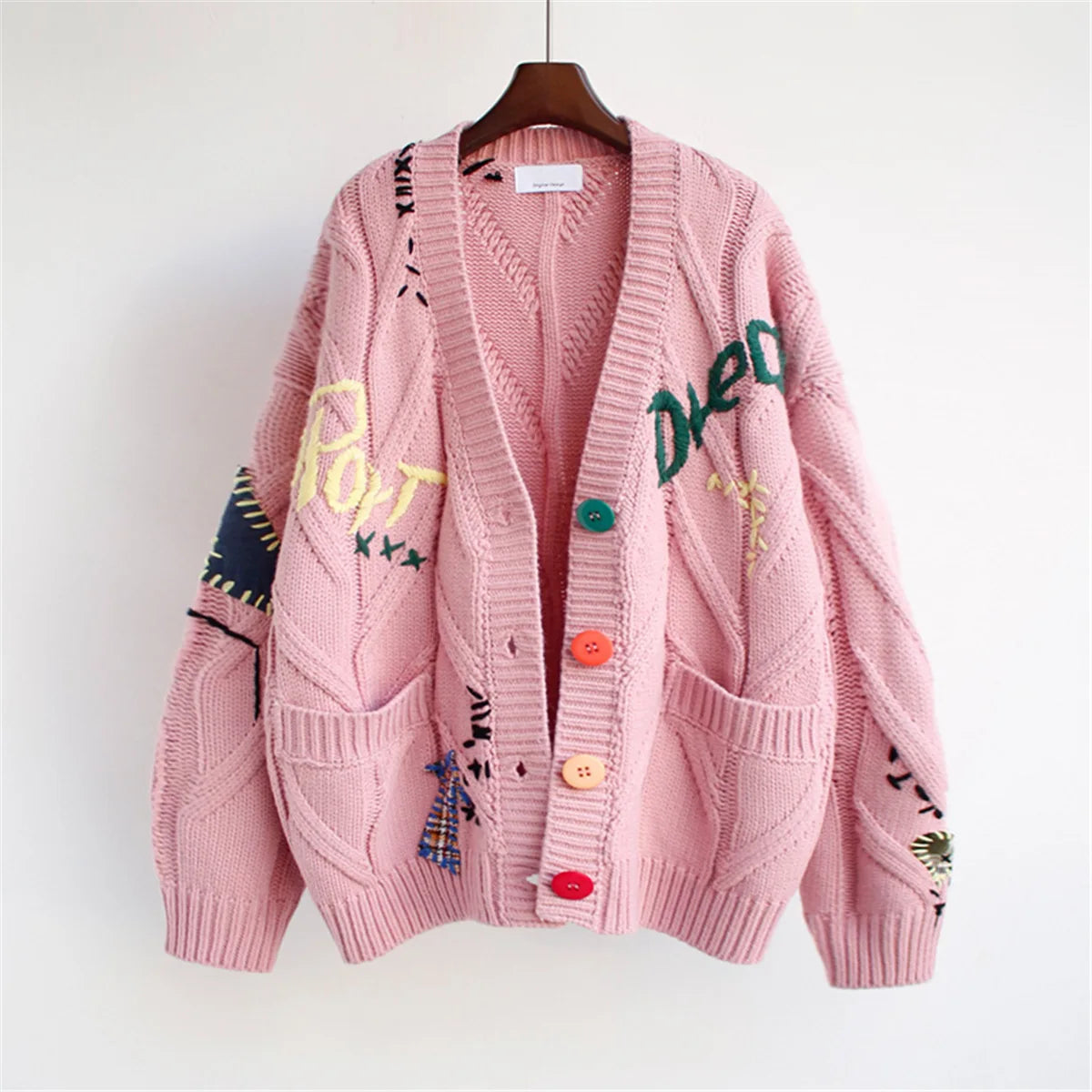 New Embroidery Knitted Cardigan Women's Sweater Warm Long Sleeve Letter Print Pocket Jumpers Autumn Winter Loose Sweaters
