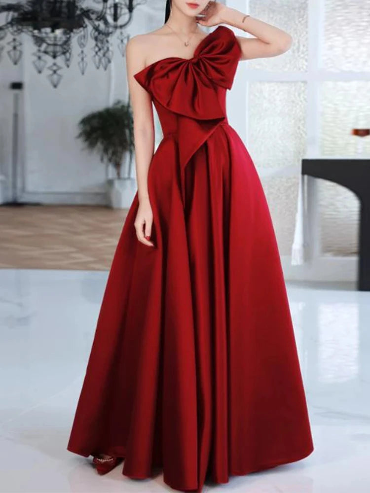 Elegant Temperament Prom Vestidos Bow Draped One-shoulder Strapless Cross Lace Up Graduation Dress Trendy Party Evening Dresses