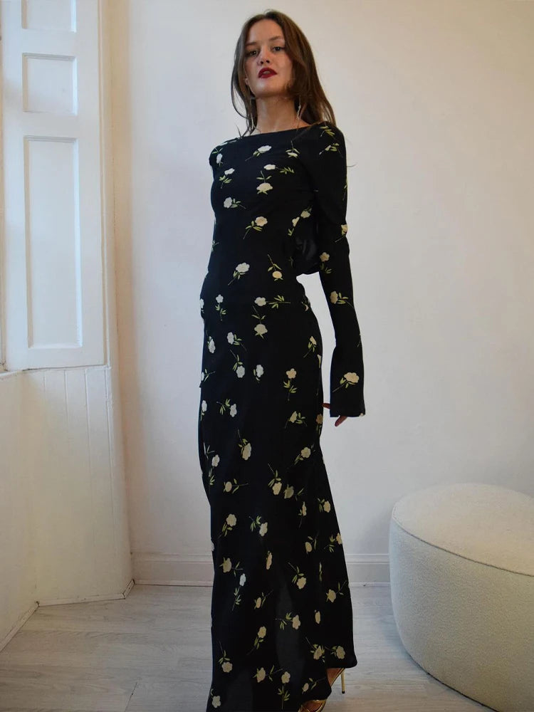JULISSA MO Ladies Chiffon Floral Print Long Sleeve Backless Maxi Dress High Split Elegant Slim Evening Dress Autumn Outfits