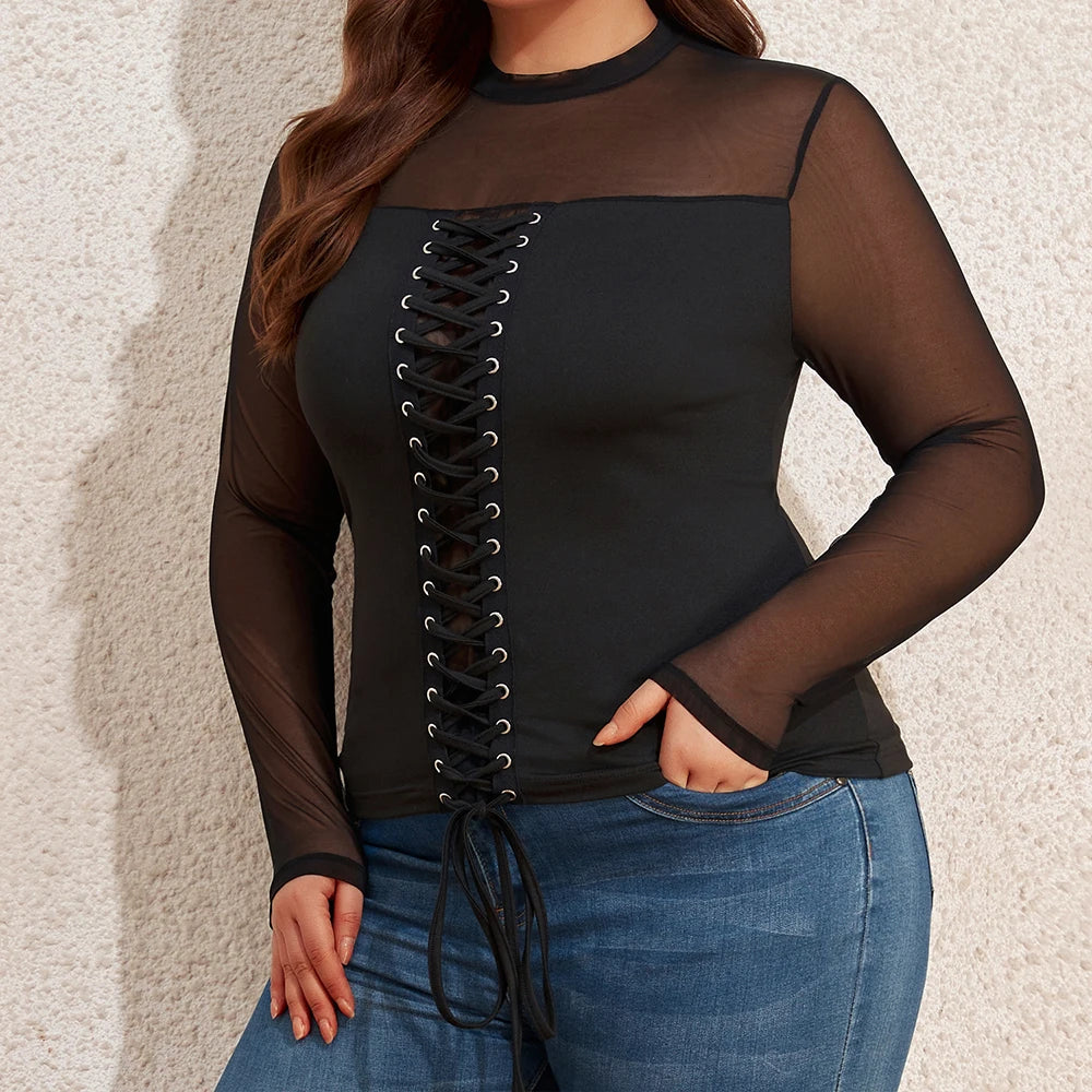 Women's Round Neck Autumn Pullover Solid Long Sleeve Sheer Mesh Blouse Tops Plus Size Clothing 2023