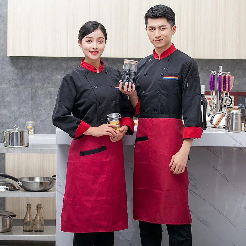 Chef Jacket Men Long Sleeve Shirt Apron Hat Bakery Cook Coat Unisex Kitchen Pastry Clothes Restaurant Waiter Uniform Women Logo