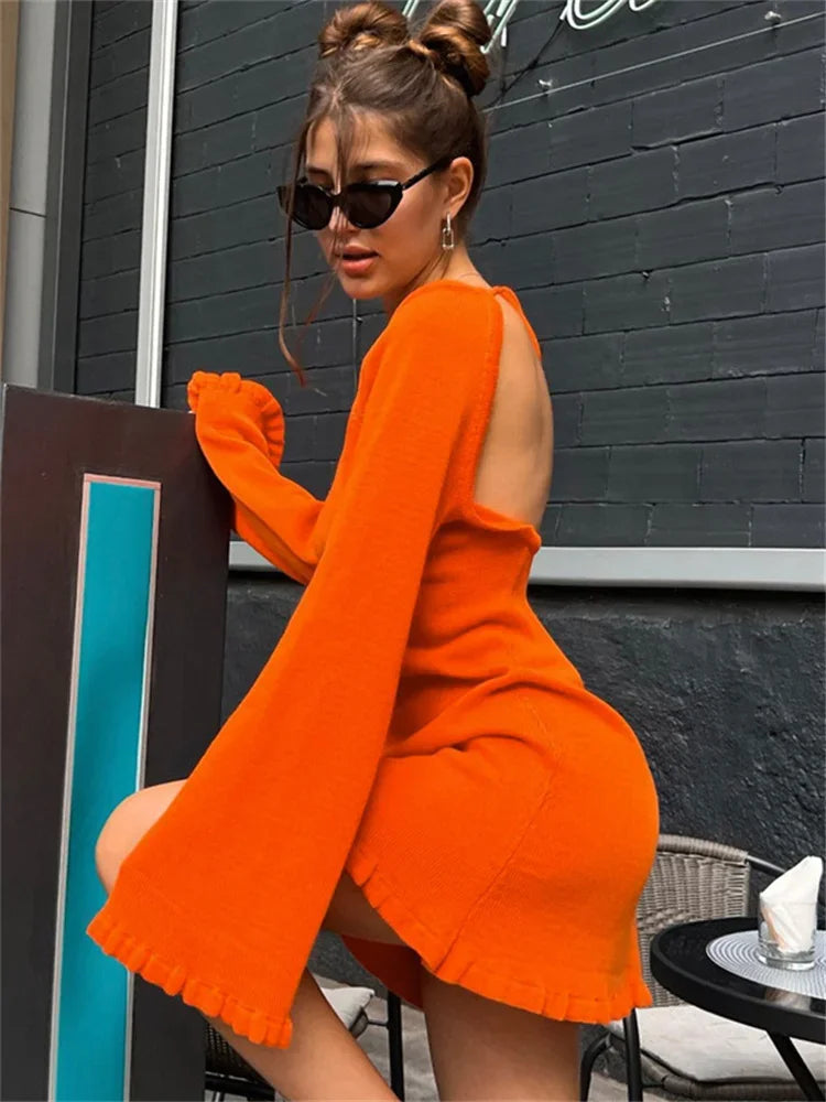 Tossy Ruffled Hot Backless Knit Mini Dress Women Lace-Up Long Sleeve Sexy High Waist Sweater Dress Loose Knitwear Autumn Dress