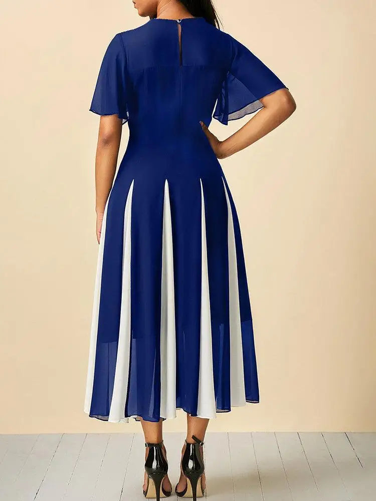 Women's Plus Size Dress Chiffon Patchwork Short Sleeve Casual Tunic Midi Dress Elegant A-Line Pleated Casual Party Summer Dress
