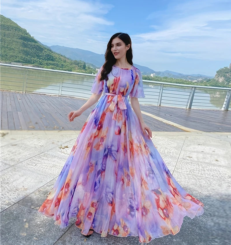 Plus Size Bohemian Beach Sundress Flying Clothing Chiffon Loose Elegant Vestido Robes Lady Holidays Prom Long Dress Belt Which