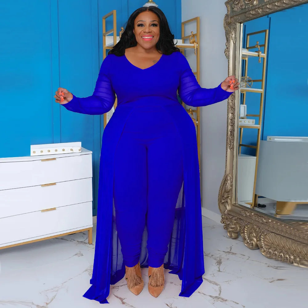 Plus Size 5XL Jumpsuit for Women Elegant O Neck Long Sleeve Stretch Pockets Patchwork Dresses Romper One-piece Overalls 2023