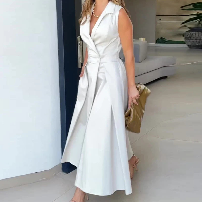 Commuter Lady Solid Button Blazer Dress Spring Turn-down Collar Tunic Long Party Dress Women Summer Sleeveless A-Line Suit Dress