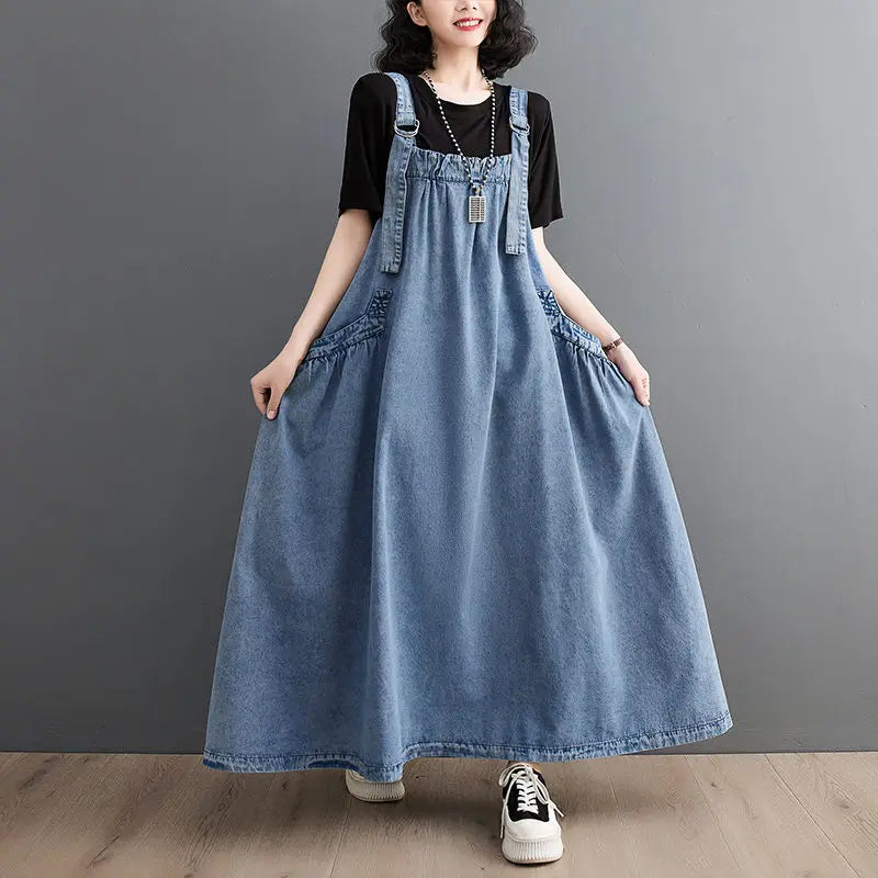 Spring Summer Women Denim Suspender Long Skirt Loose Casual Punk Vintage Style Cargo Female Popular Large Swing Dress Z691