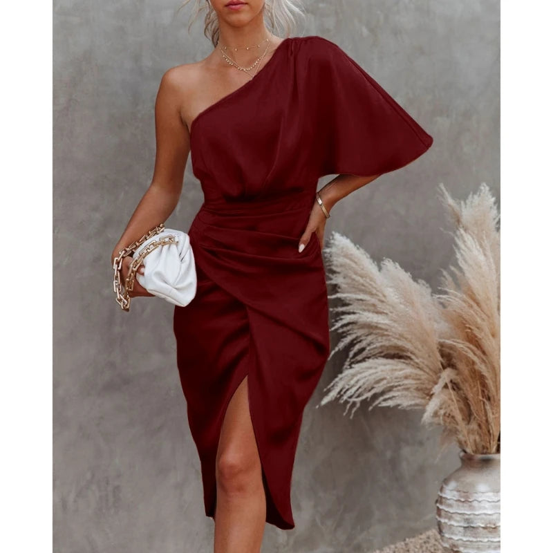Women One Shoulder Batwing Sleeve Ruched Asymmetrical Satin Midi Bodycon Dresses