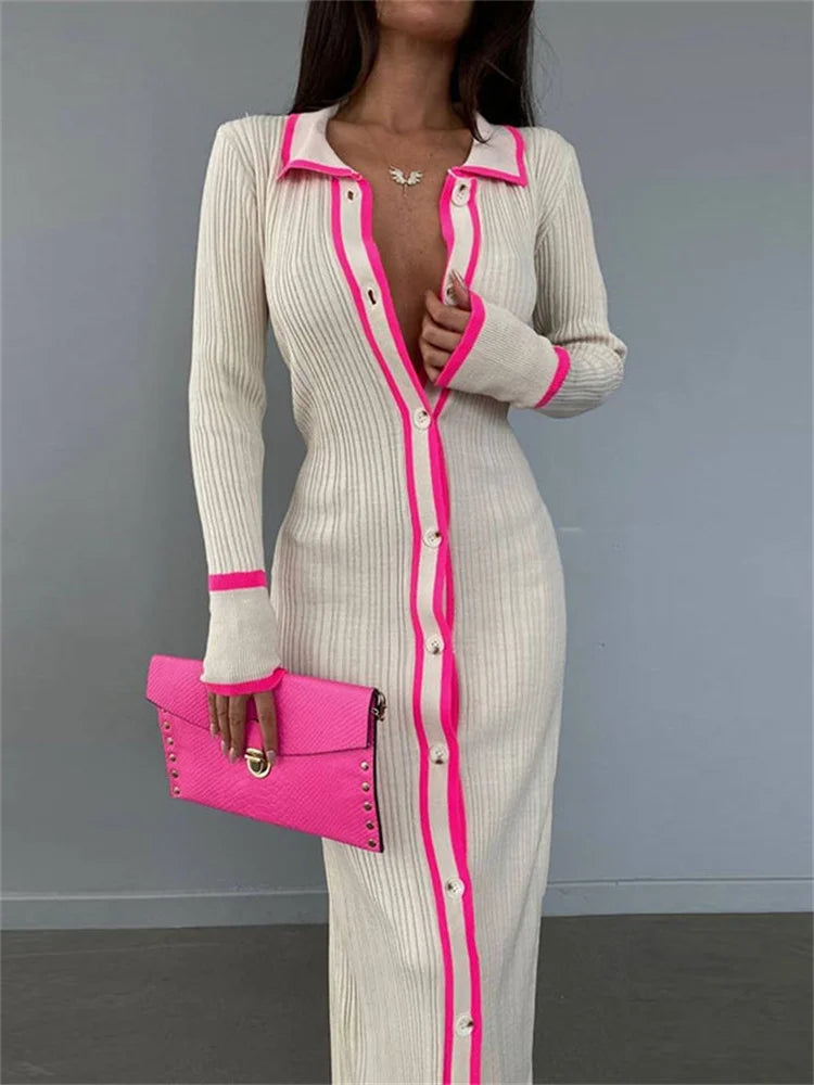 Patchwork Slim V-Neck Dress Cardigan For Women Contrast Long Sleeve High Street Maxi Dress Female Elegant Party Dress