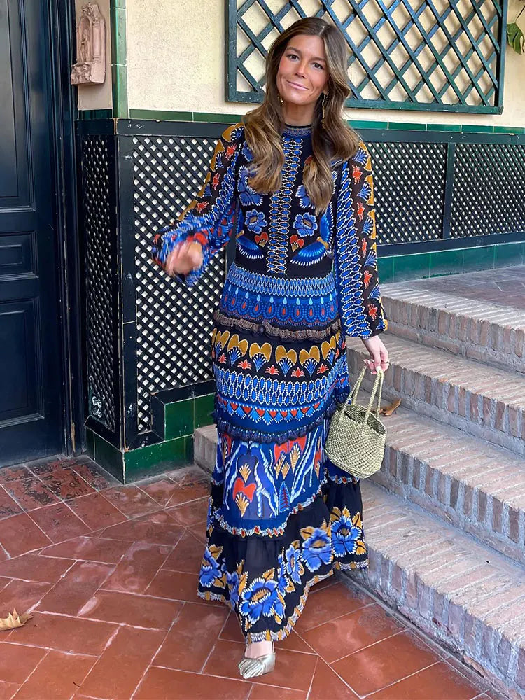 Vintage Print Round Neck Maxi Dress For Women Fashion Lantern Sleeves Loose Long Dresses 2024 Ladies Casual Vocation Streetwear