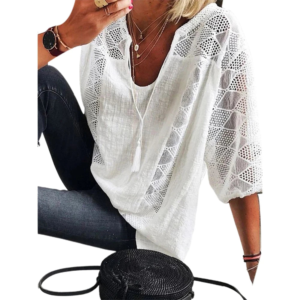 Plus Size Womens 3/4 Sleeve Solid Cotton Lined Tops Ladies Casual Loose Autumn Tunic T Shirt High Quality Clothing L-5XL 2023
