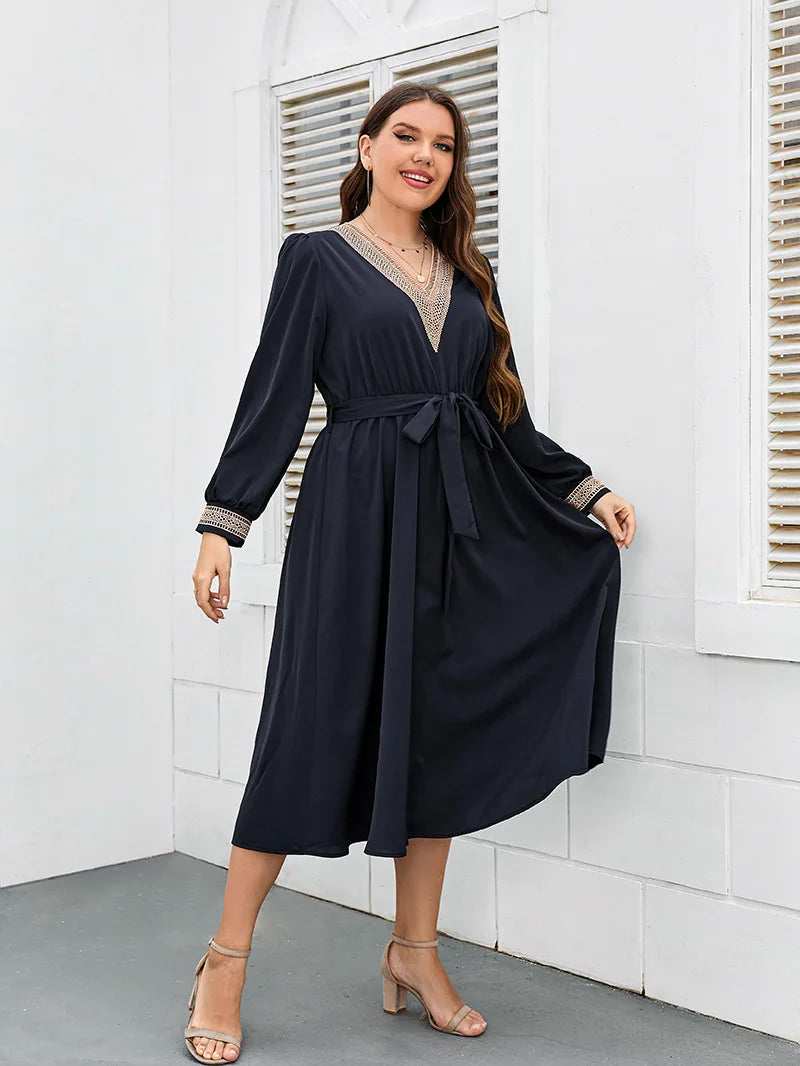 Plus Size Women Dress V Neck Long Sleeves Robe Waist Belt Solid Color Dress Autumn Female Elegant Party Long Gown Clothing