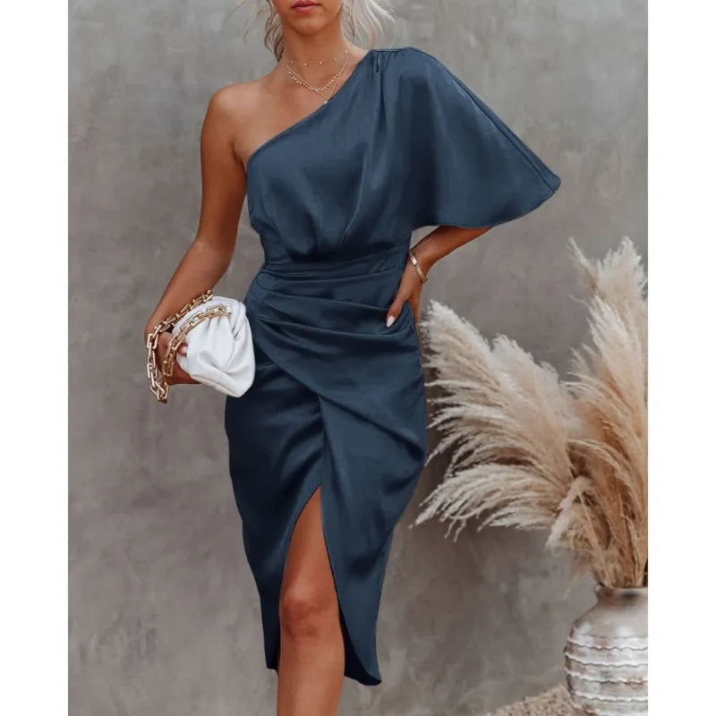 Women One Shoulder Batwing Sleeve Ruched Asymmetrical Satin Midi Bodycon Dresses