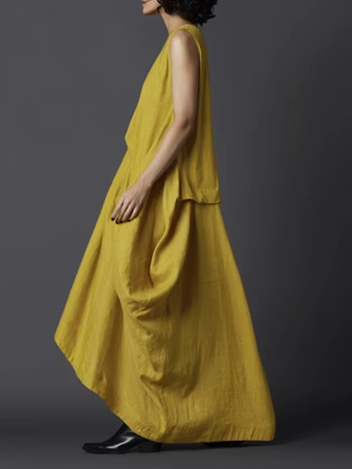 Women's Tank Dress Pleated Pockets Vintage Asymmetric Hem Long Dress Solid Minimalist Casual Round Neck Summer Female Dress
