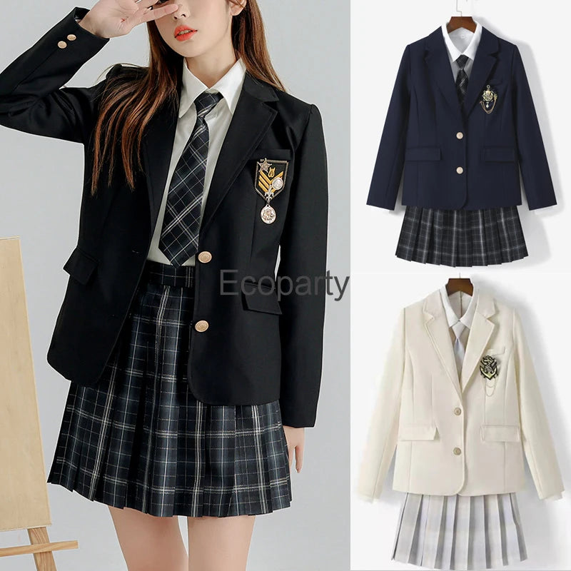 Women's Korean Fashion Jk School Uniform Coat Spring Autumn Black Lapel Long Sleeve Jackets With Badges College Style Costume
