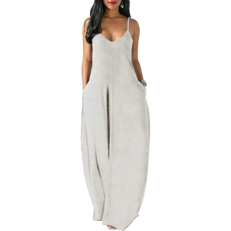 Women Pocket Long Dress Sexy V-Neck Sleeveless Loose Casual Dresses Summer Spaghetti Strap Solid Color Beach Maxi Dress S-5XL