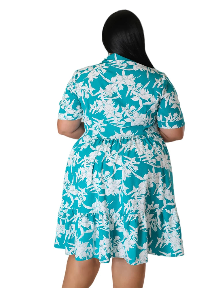 Plus Size Midi Dress Women Floral Print Female A Line Elegant Spring Summer Short sleeve Dress Casual Party Dresses