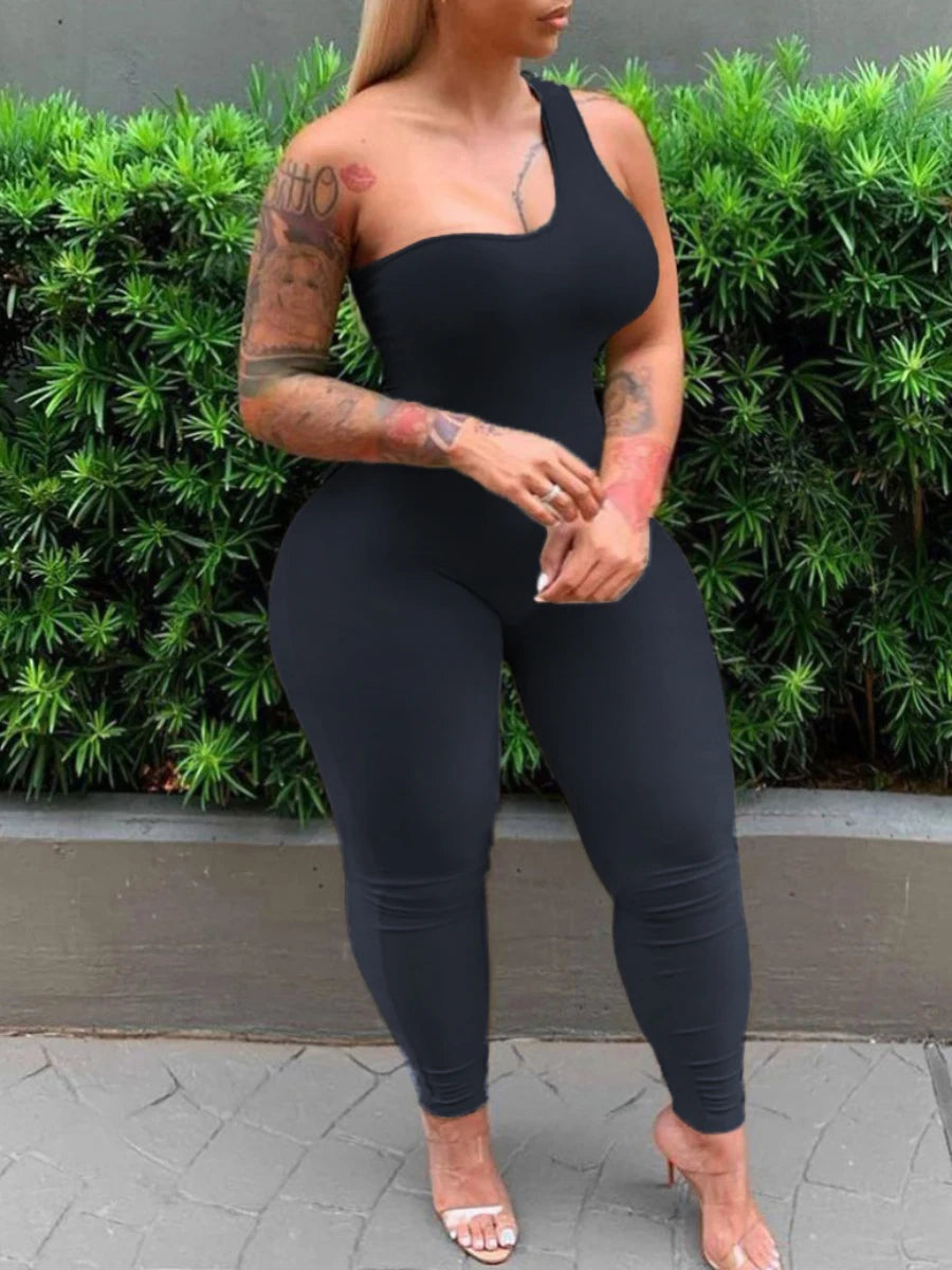 LW Plus Size One Shoulder Sleeveless Skinny Stretchy Jumpsuit Women Backless Sexy Summer Black Body Suit Playsuit