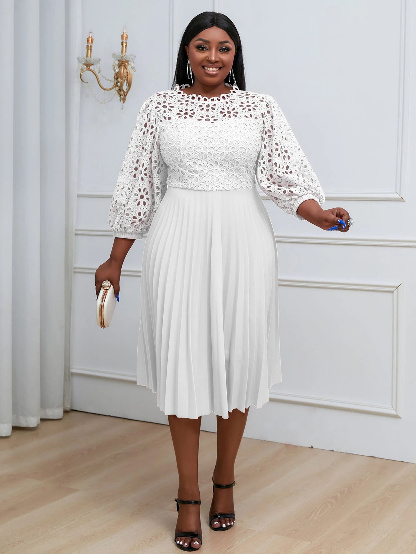 Chic snowsui Pleated Dress Hollow Out Lace Midi Dresses Puff Sleeve Spring Summer Plus Size Elegant Fashion Party Birthday Gowns