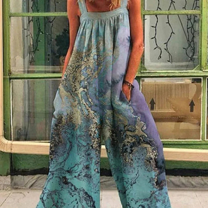 Plus Size Summer New Trendy And Fashionable Printed Commuting Temperament Loose Backstraps Wide Leg Jumpsuit Women'S Pants