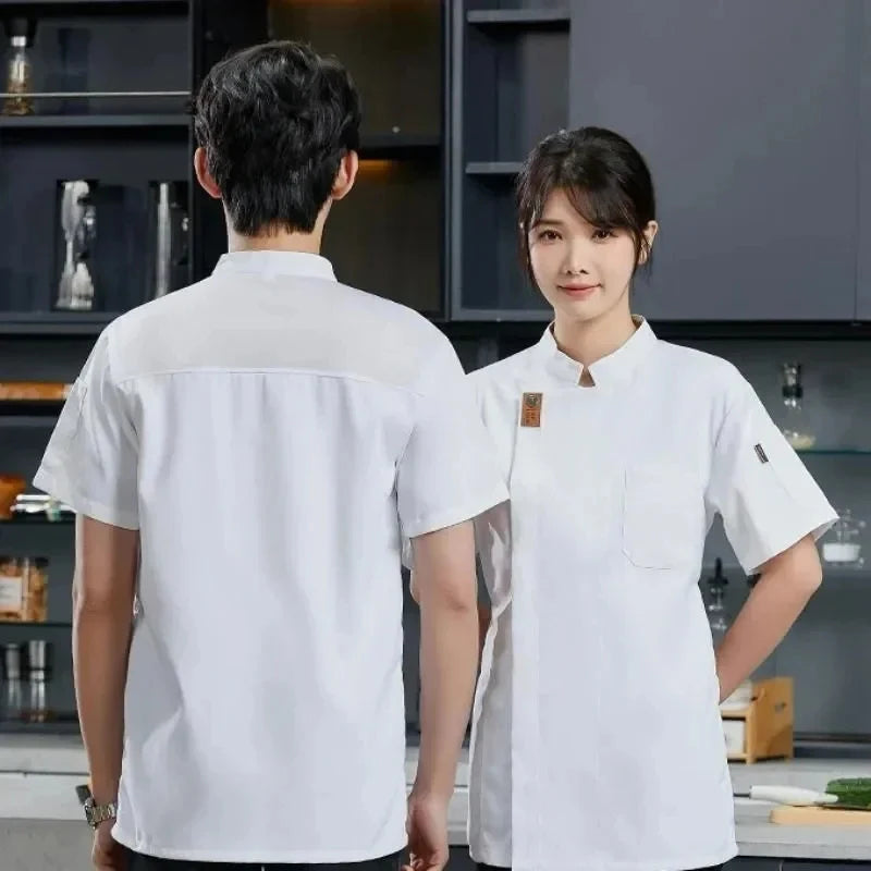 Unisex Chef Coat Uniform Restaurant Jacket Short Sleeve Chef Coat Men Women Kitchen Wear Waiter Waitress Uniform Bakery Coat