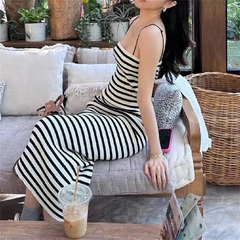 Striped Knitted Slim Dresses Women's Summer Skinny Sleeveless Bodycon Long Dress Casual Holiday Wrap Hip Sundress