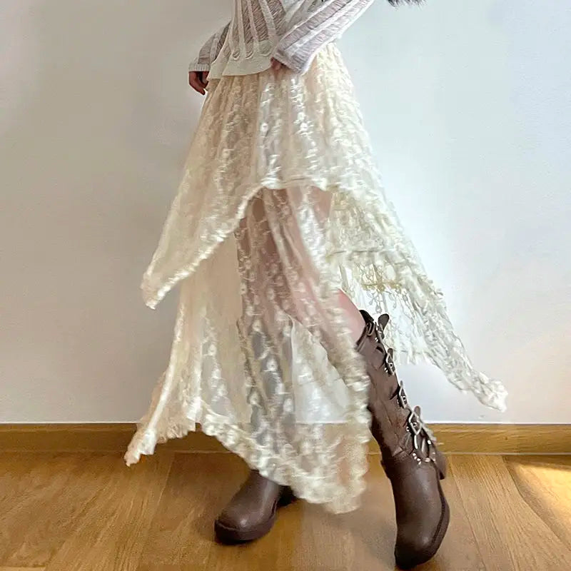 Deeptown Lace Asymmetrical Skirt Fairycore Women Vintage Y2K Boho Aesthetic Fashion High Waist Mid Skirts Lady Holiday Outfits