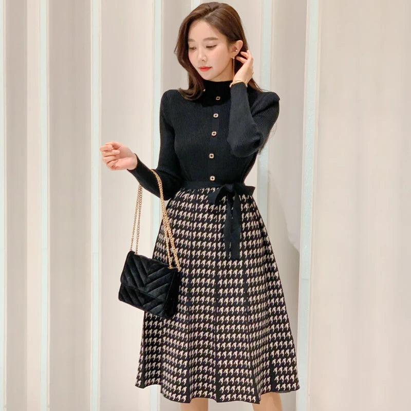 Korean Elegant Knitted Plaid Patchwork Midi Dress for Women Long Sleeve O-neck Bird Lattice Bow Pleated Dress Autumn Winter