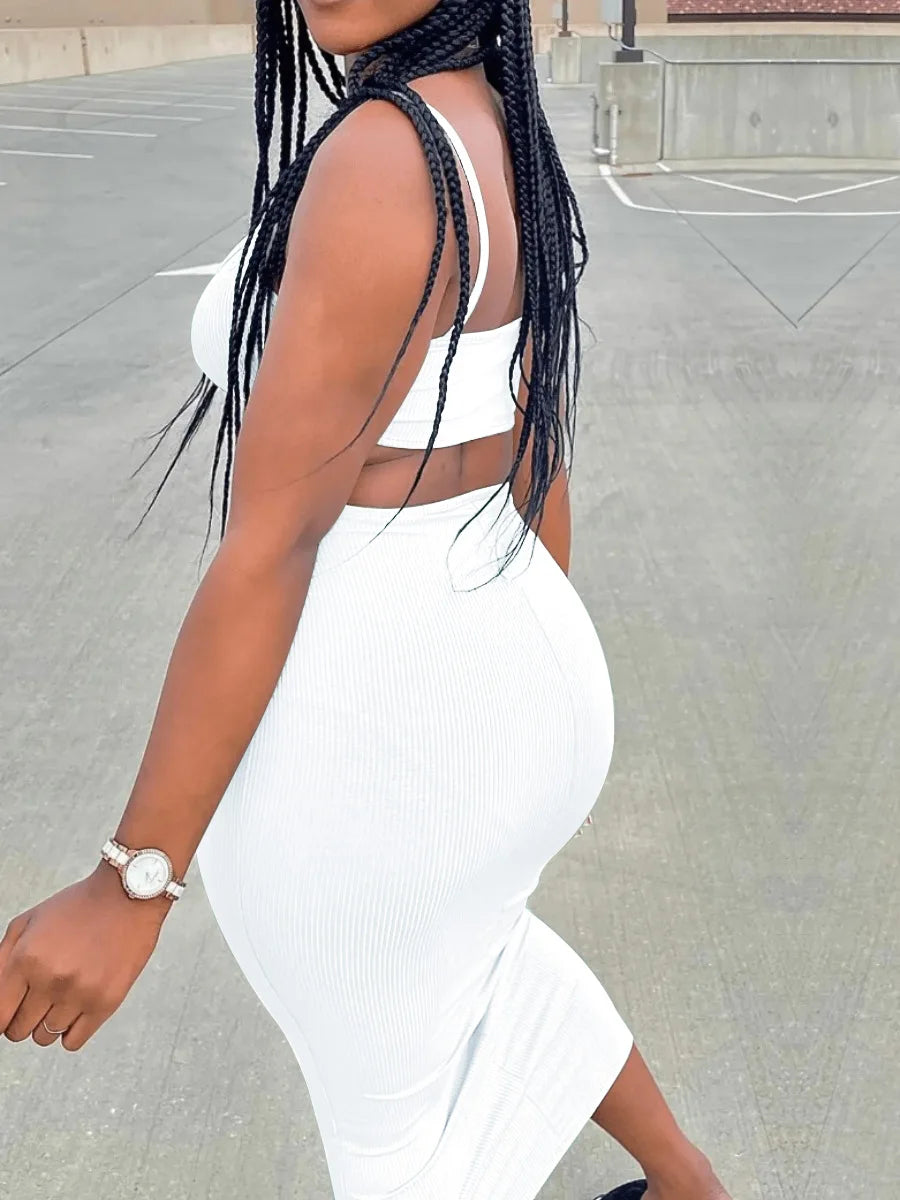 LW BASICS Rib Knit Cut Out Bodycon Dress Women Summer Sleeveless Spaghetti Strap Solid Color Mid Calf Dresses SXY Dress