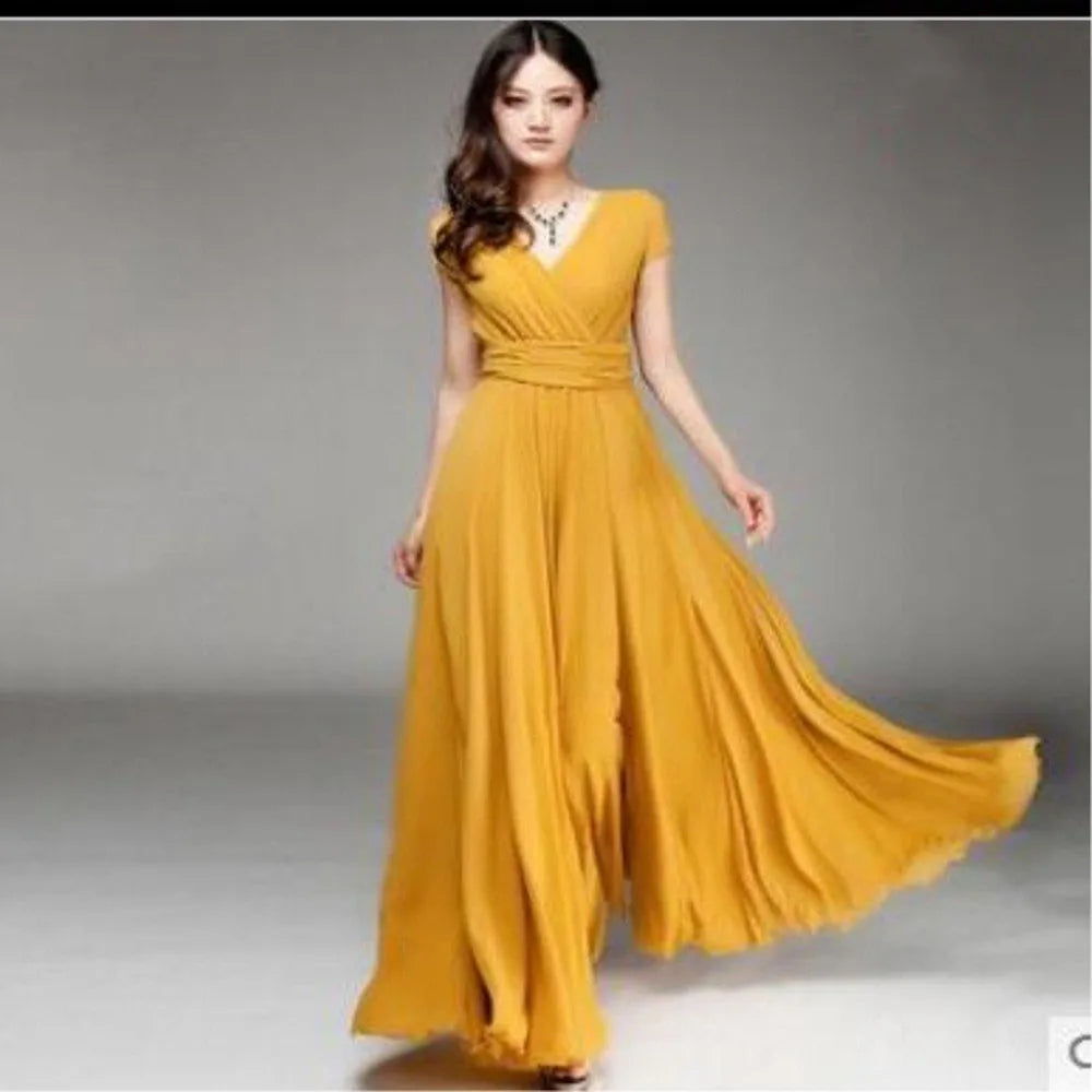 2023 New in Women Elegant Chiffon Long Evening Dress Sexy Deep V-neck Short Sleeve Bridesmaid Dresses Slim Waist Plus Size 5XL