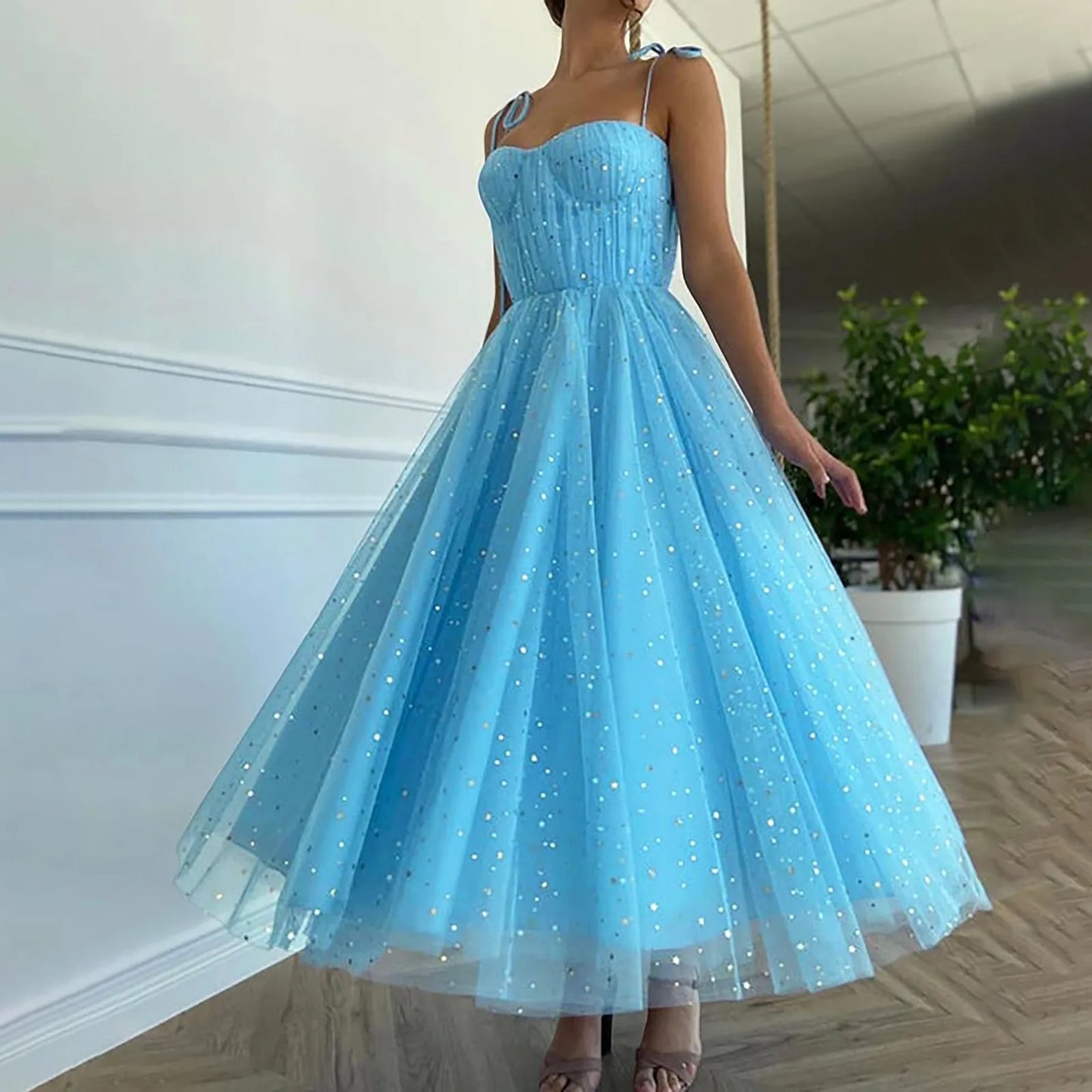 Summer Bling Stars Sequin Dress Women Vintage V Neck Sexy Mesh Dresses Ladies Spaghetti Strap Party Tulle Dress Vestidos Mujer