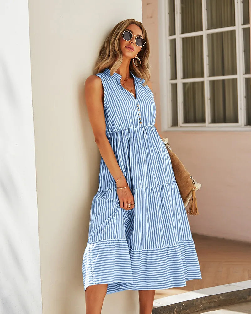 Striped Shirt Dress Women Sleeveless V-Neck Long Dresses Summer Casual Buttons A-Line Beach Holiday Dresses Female Clothing