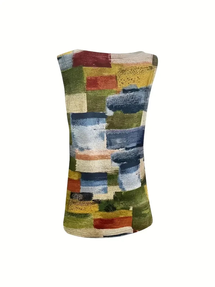 Plus Size Geometric Print Sleeveless Tank Tops & Camis with Button Detail Polyester Crew Neck Vest for Women Casual Knit Fabri