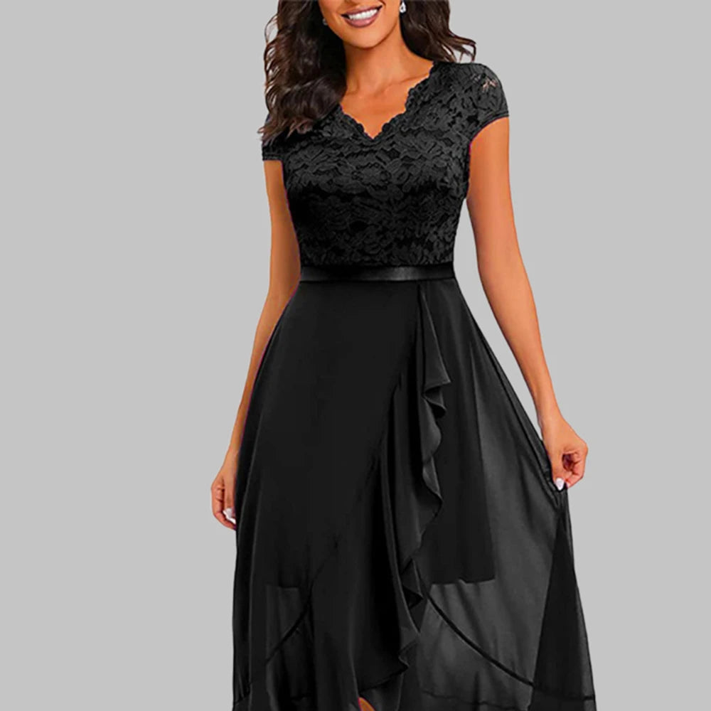 Sexy Women Asymmetrical Solid Lace V Neck Midi Dress Ladies Mesh Party Gown Club Evening